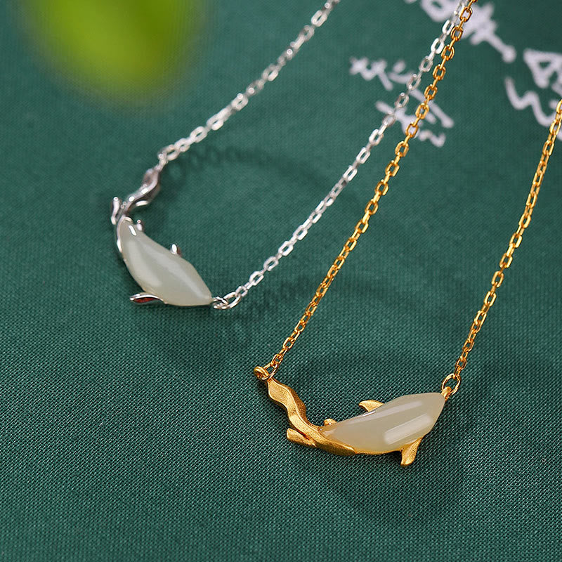 EverestArtstudios 925 Sterling Silver White Jade Dolphin Luck Necklace Pendant