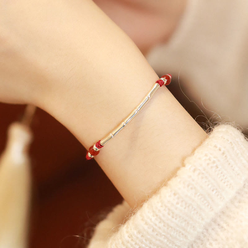 EverestArtstudios 925 Sterling Silver Bamboo White Agate Red Agate Bead Protection String Braided Bracelet