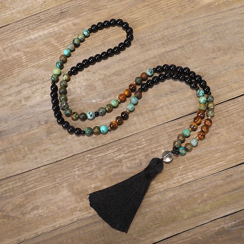 Buddha Stones 108 Mala Beads Natural Stone Tiger Eye Turquoise Protection Strength Bracelet Necklace