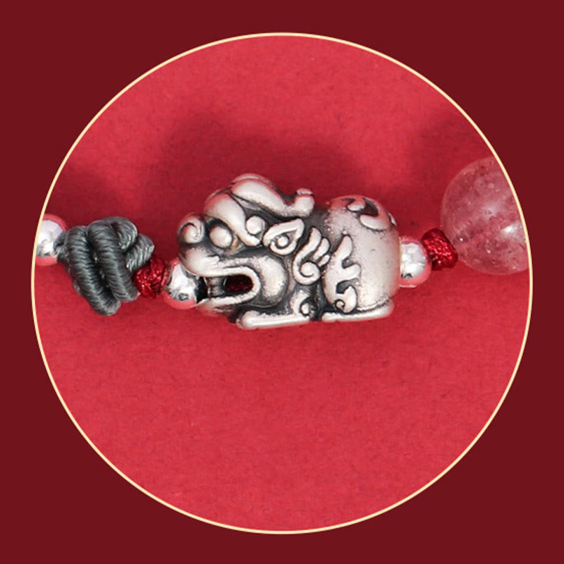 EverestArtstudios 999 Sterling Silver PiXiu Strawberry Quartz Bead Wealth Luck Braided Bracelet