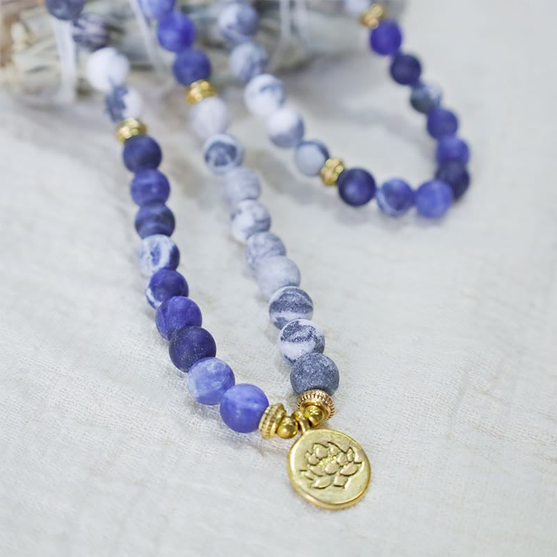 EverestArtStudios 108 Natural Picasso Jasper & Blue Stone Mala Bead Lotus Pendant Bracelet