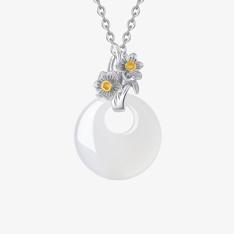 EverestArtstudios 925 Sterling Silver Round Chalcedony Twelve Months Flower Harmony Necklace Pendant
