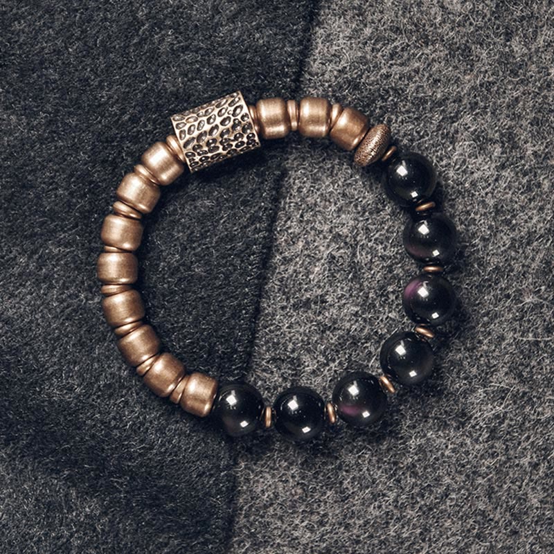 Buddha Stones Lava Rock Stone Rainbow Obsidian Brass Support Healing Bracelet
