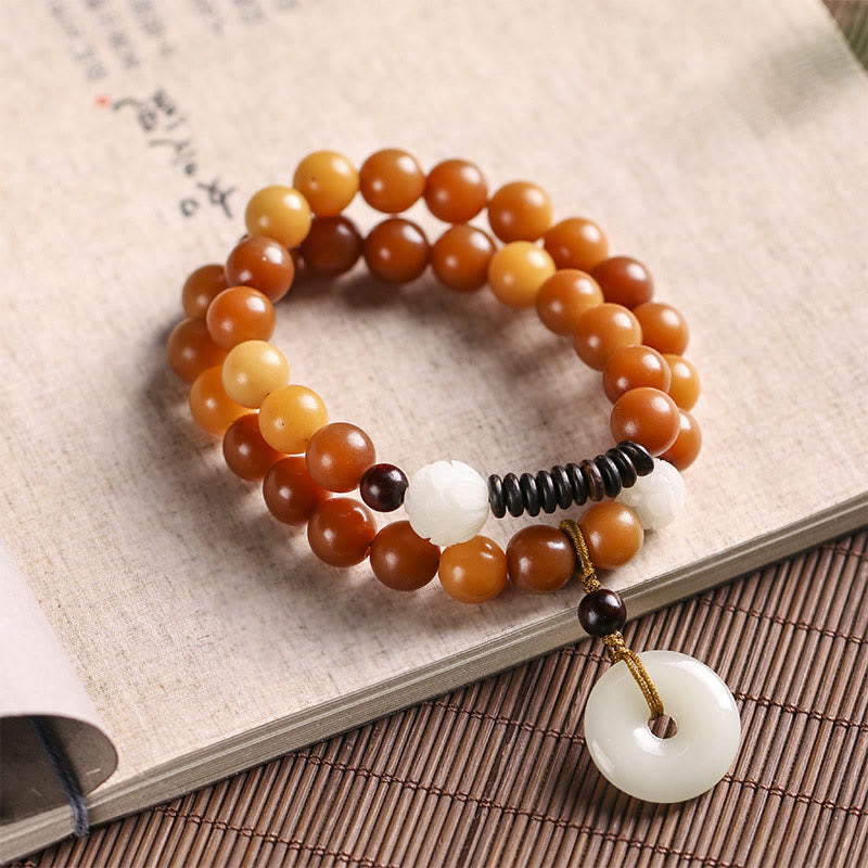 Buddha Stones Cyan Bodhi Seed Lotus Jade Peace Buckle Wisdom Double Wrap Bracelet