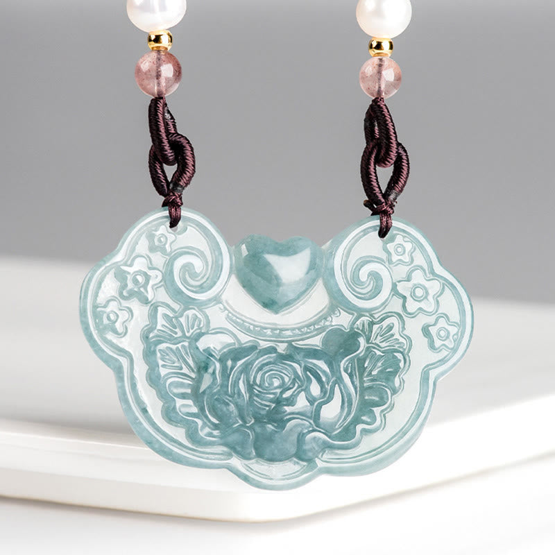 EverestArtstudios Natural Jade Peony Flower Lock of Good Wishes Prosperity Necklace Pendant