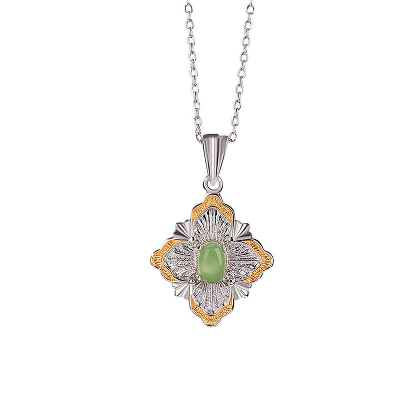 EverestArtstudios 925 Sterling Silver Plated Gold Hetian Cyan Jade Rhombus Design Luck Healing Necklace Pendant