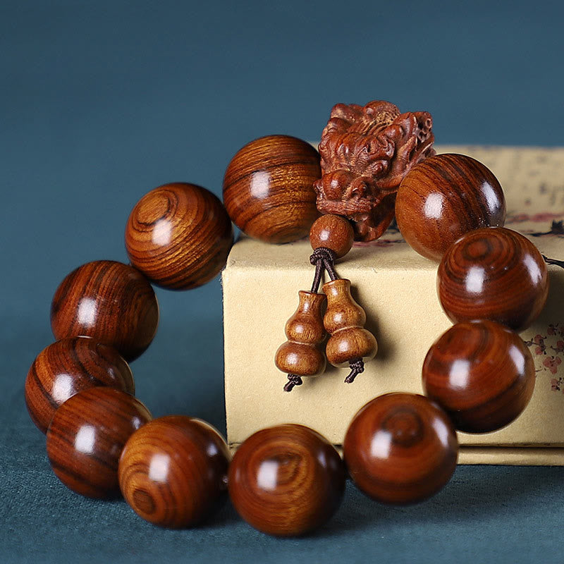 EverestArtStudios Rosewood Green Sandalwood Small Leaf Red Sandalwood Dragon Carved Protection Bracelet