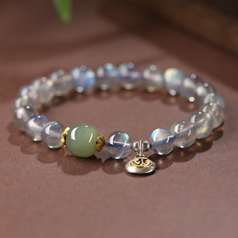 Buddha Stones Chinese Zodiac 925 Sterling Silver Natural Moonstone Hetian Jade Positive Bracelet