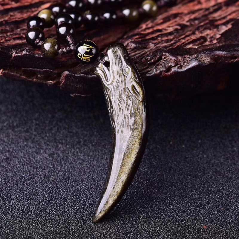 Buddha Stones Natural Black Obsidian Ice Obsidian Rainbow Obsidian Wolf Tooth Pattern Strength Necklace Pendant