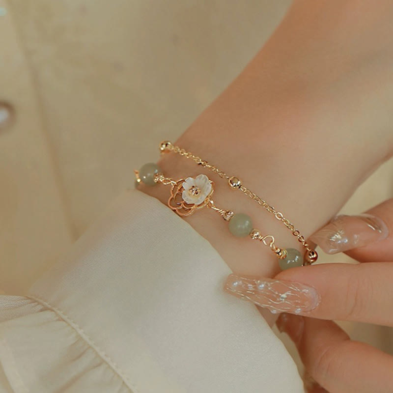 EverestArtStudios 14K Gold Plated Jade Butterfly Tridacna Stone Flower Double Layer Luck Bracelet