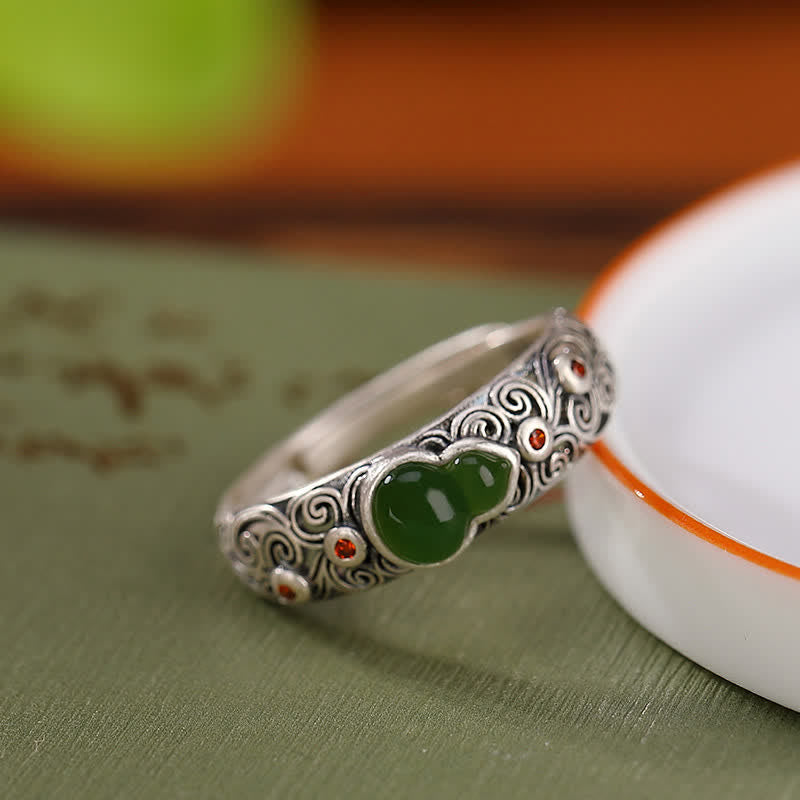EverestArtstudios 925 Sterling Silver Red Agate Cyan Jade Gourd Blessing Auspicious Ring
