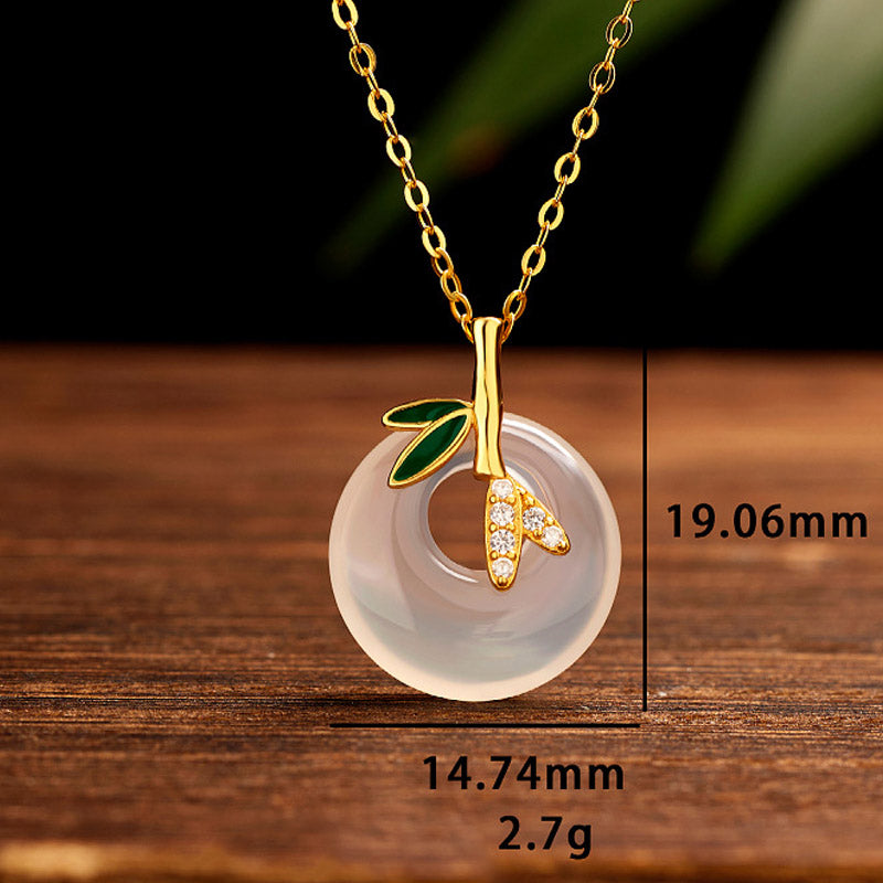 EverestArtstudios 925 Sterling Silver Natural Chalcedony Bamboo Leaf Peace Buckle Positive Necklace Pendant
