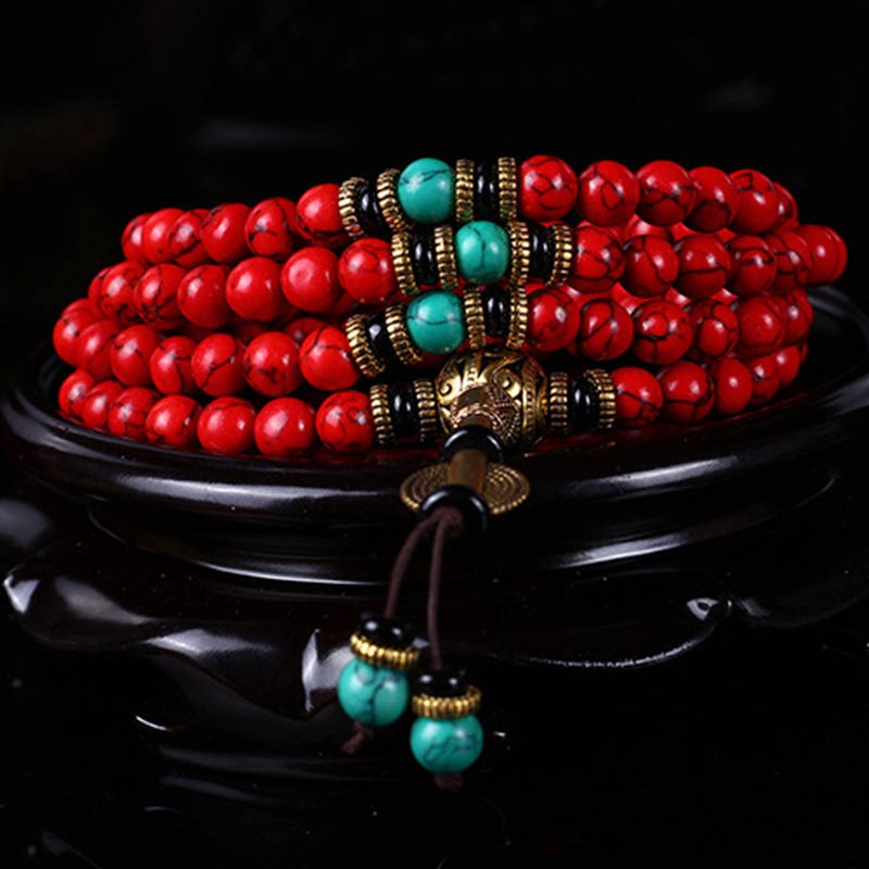 EverestArtStudios 108 Beads Tibetan Mala Red Turquoise Lucky Necklace Bracelet