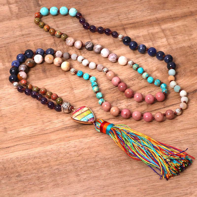 Buddha Stones Tibetan Turquoise Lazurite Lapis Lazuli Zebra Jasper Balance Necklace