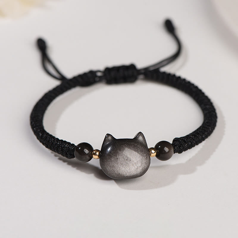 EverestArtstudios Handmade Natural Silver Sheen Obsidian Strawberry Quartz Cute Cat Protection Braided Bracelet