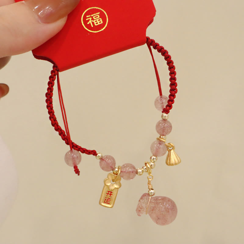EverestArtstudios Natural Strawberry Quartz Money Bag Lotus Healing Charm Red String Braided Bracelet