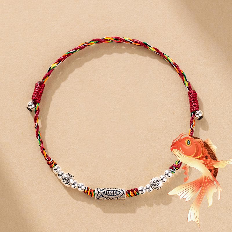 EverestArtstudios 925 Sterling Silver Luck Koi Fish Braided Colorful String Bracelet Anklet