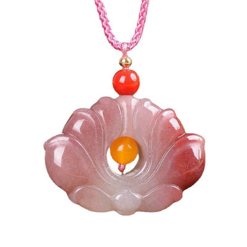 EverestArtstudiosPink Golden Silk Jade Lotus Flower Wealth Necklace Pendant