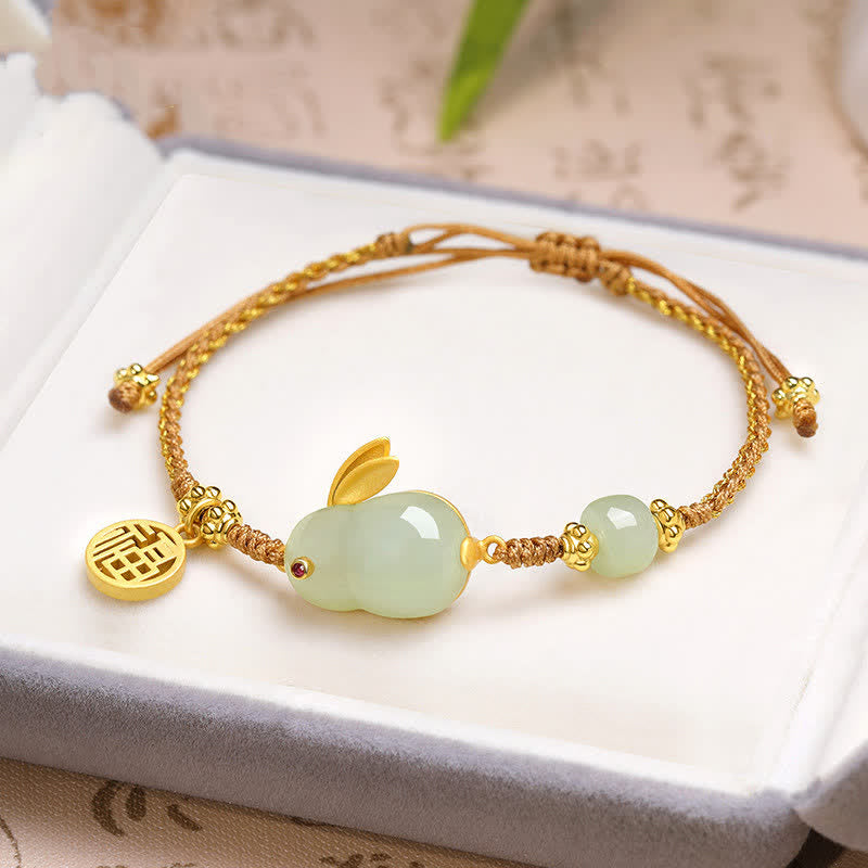 EverestArtStudios Year of the Rabbit Hetian Jade Happiness Blessing Wealth String Bracelet