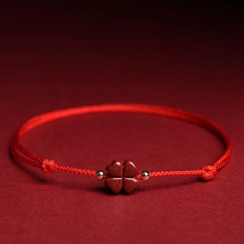 EverestArtStudios Natural Cinnabar Four Leaf Clover Blessing Red String Bracelet Anklet
