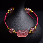 EverestArtstudios Natural Strawberry Crystal Pixiu Charm Lucky Red String Bracelet