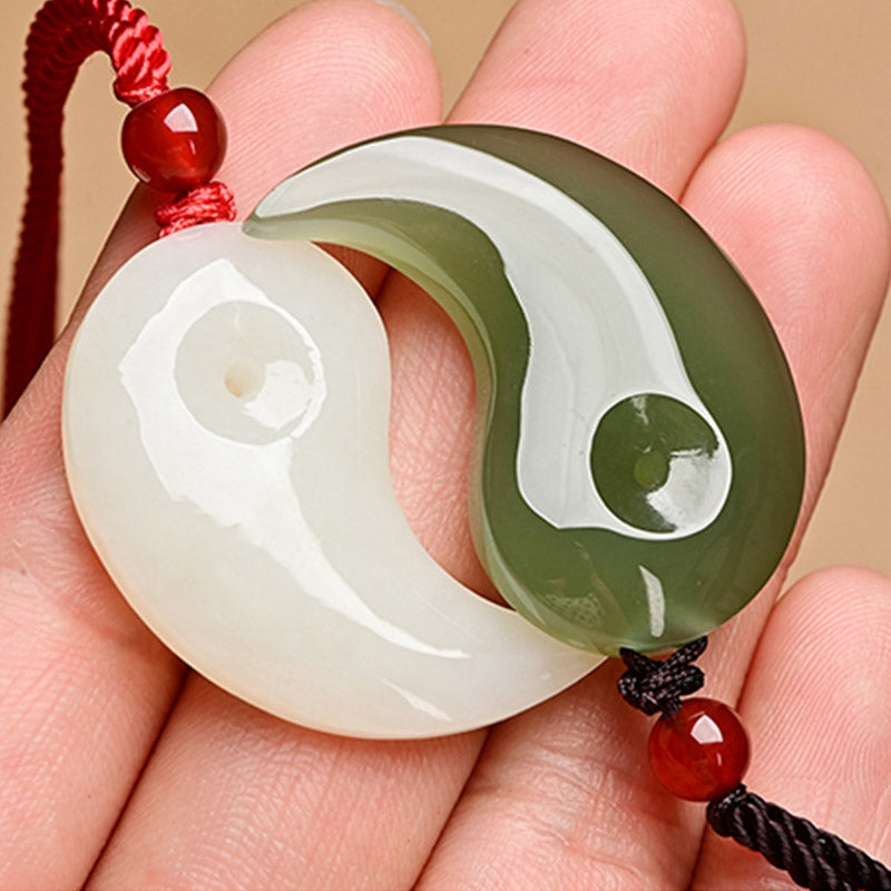 EverestArtstudios Yin Yang White Jade Cyan Jade Protection Blessing Necklace String Pendant