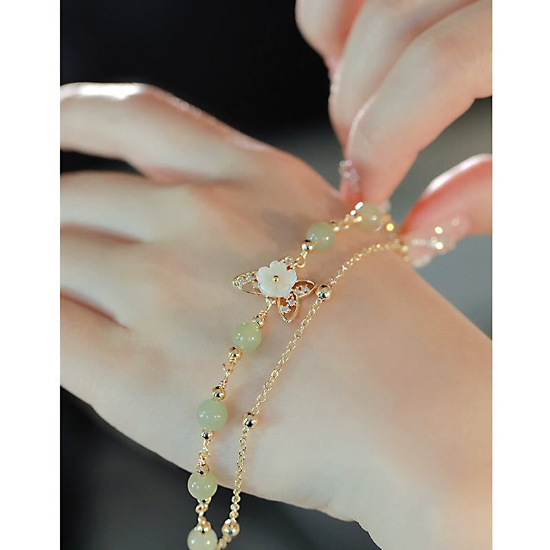 EverestArtStudios 14K Gold Plated Jade Butterfly Tridacna Stone Flower Double Layer Luck Bracelet