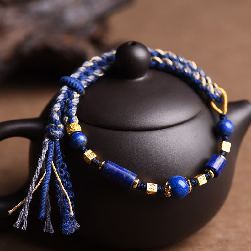 Buddha Stones Handmade Natural Lazurite Lapis Lazuli Bead Positive Rope Bracelet
