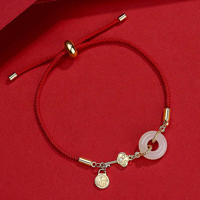 EverestArtstudios 18K Gold Plated Hetian Jade Peace Buckle Fu Character Luck Red Rope Bracelet