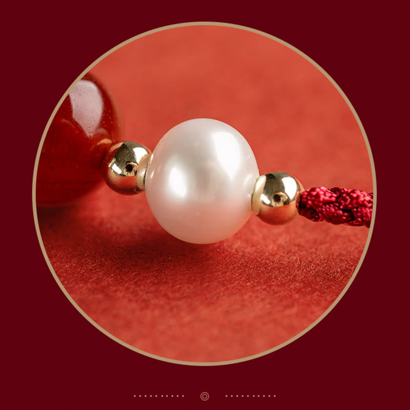 EverestArtstudios 925 Sterling Silver Good Fortune Fu Character Agate Pearl Red String Braid Bracelet