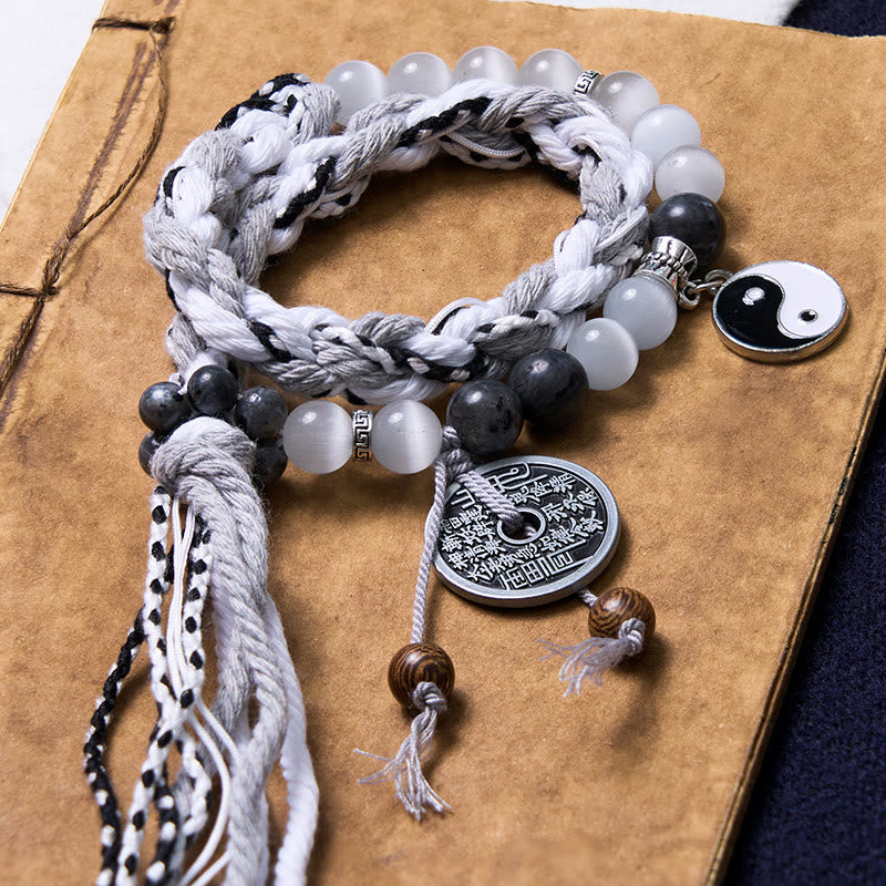 Buddha Stones Black Glitter Stone Cat's Eye Yin Yang Mountain Ghosts Spend Money Power Double Layer Rope Bracelet