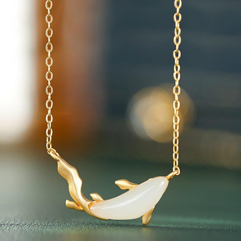 EverestArtstudios 925 Sterling Silver White Jade Dolphin Luck Necklace Pendant