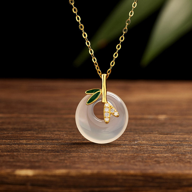 EverestArtstudios 925 Sterling Silver Natural Chalcedony Bamboo Leaf Peace Buckle Positive Necklace Pendant