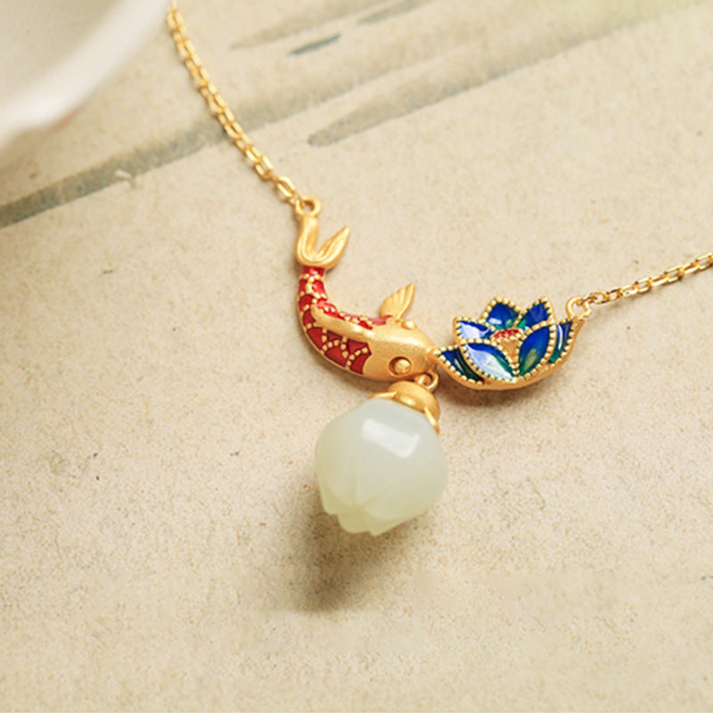 Buddha Stones White Jade Koi Fish Lotus Copper Protection Necklace Pendant