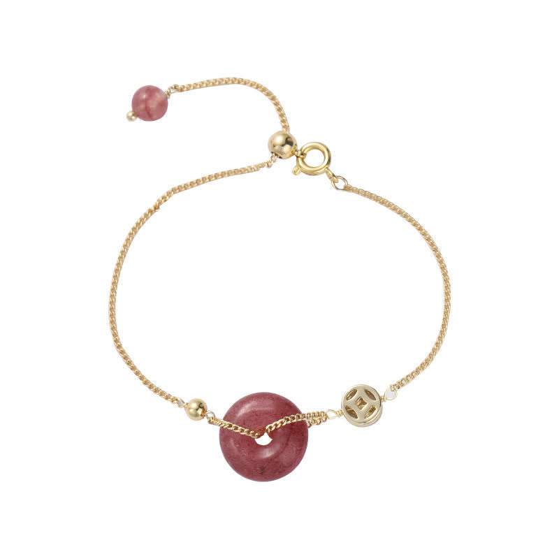 Buddha Stones Strawberry Quartz Peace Buckle Coin Love Bracelet