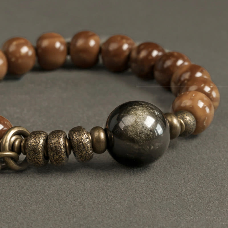 Buddha Stones Kuka Seed Tiger Eye Gold Sheen Obsidian Brass Copper Wealth Luck Bracelet