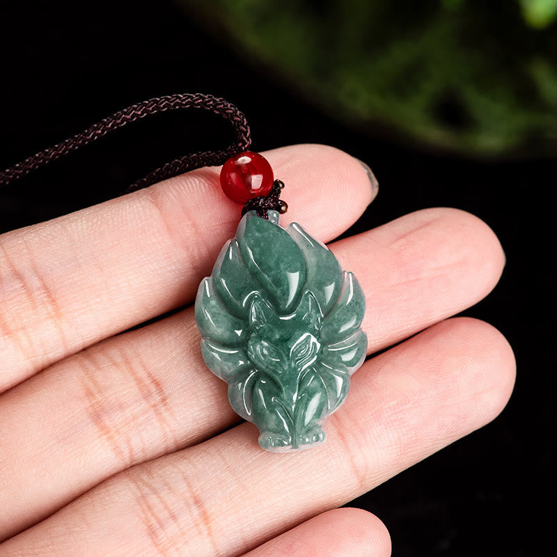 EverestArtstudios Natural Green Jade Nine Tailed Fox Luck Necklace Pendant