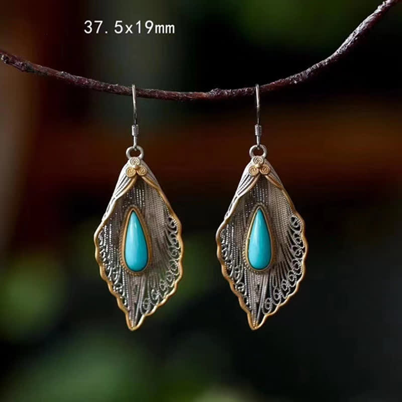 EverestArtStudios 925 Sterling Silver Turquoise Bodhi Leaf Pattern Protection Drop Dangle Earrings