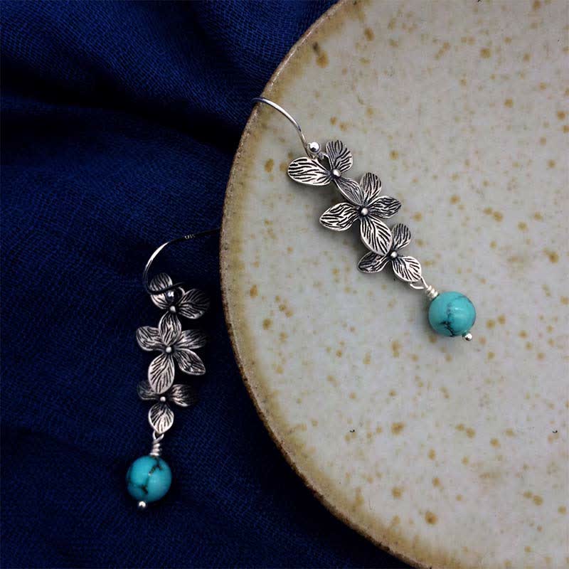 EverestArtStudios 925 Sterling Silver Turquoise Lazurite Lapis Lazuli Flower Leaf Serenity Protection Hook Drop Dangle Earrings