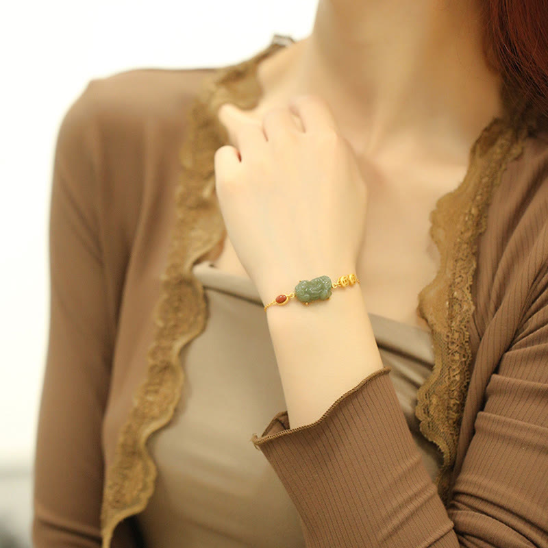 Buddha Stones Cyan Jade PiXiu Copper Coin Red Agate Success Chain Bracelet