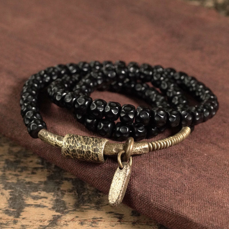 Buddha Stones Retro Coconut Shell Brass Copper Happiness Triple Wrap Bracelet
