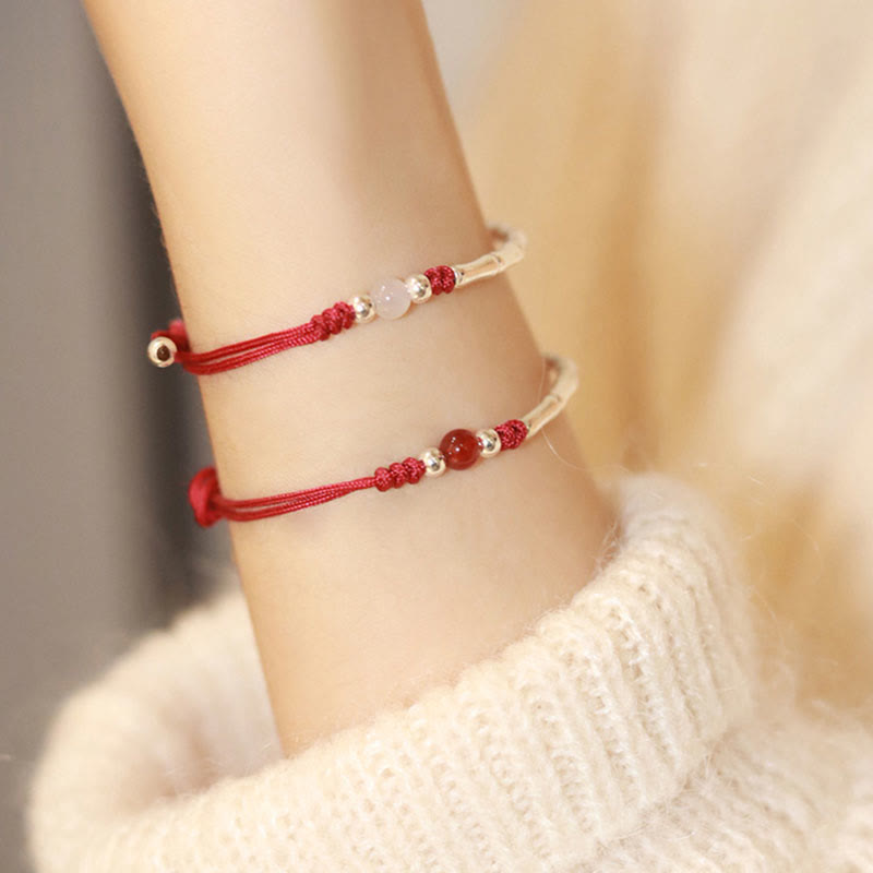 EverestArtstudios 925 Sterling Silver Bamboo White Agate Red Agate Bead Protection String Braided Bracelet