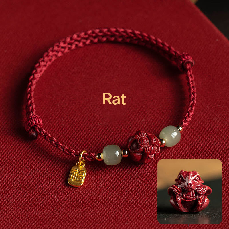 EverestArtstudios Natural Cinnabar Chinese Zodiac Hetian Jade Fu Character Luck Rope Bracelet