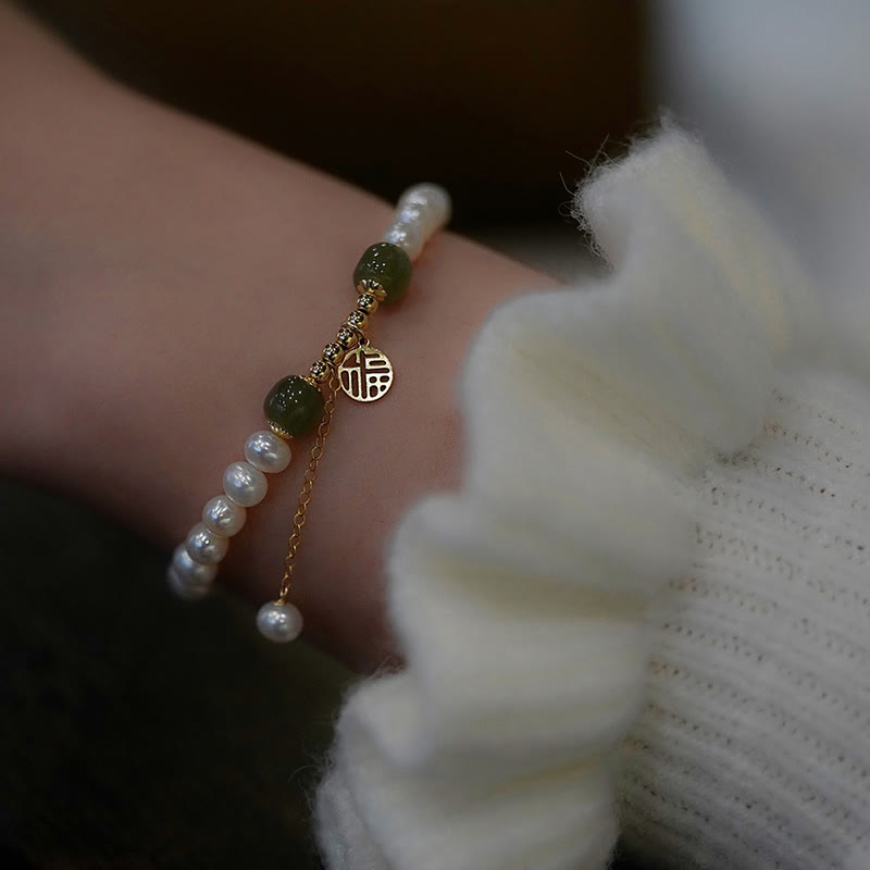 Buddha Stones Natural Pearl Hetian Jade Happiness Wisdom Bead Bracelet