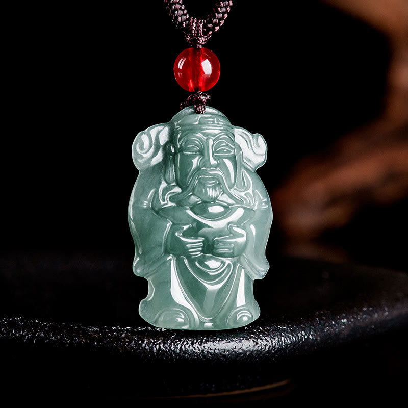 EverestArtstudios Natural Green Jade Chinese God of Wealth Caishen Ingot Abundance Necklace Pendant