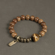 Buddha Stones Kuka Seed Tiger Eye Gold Sheen Obsidian Brass Copper Wealth Luck Bracelet