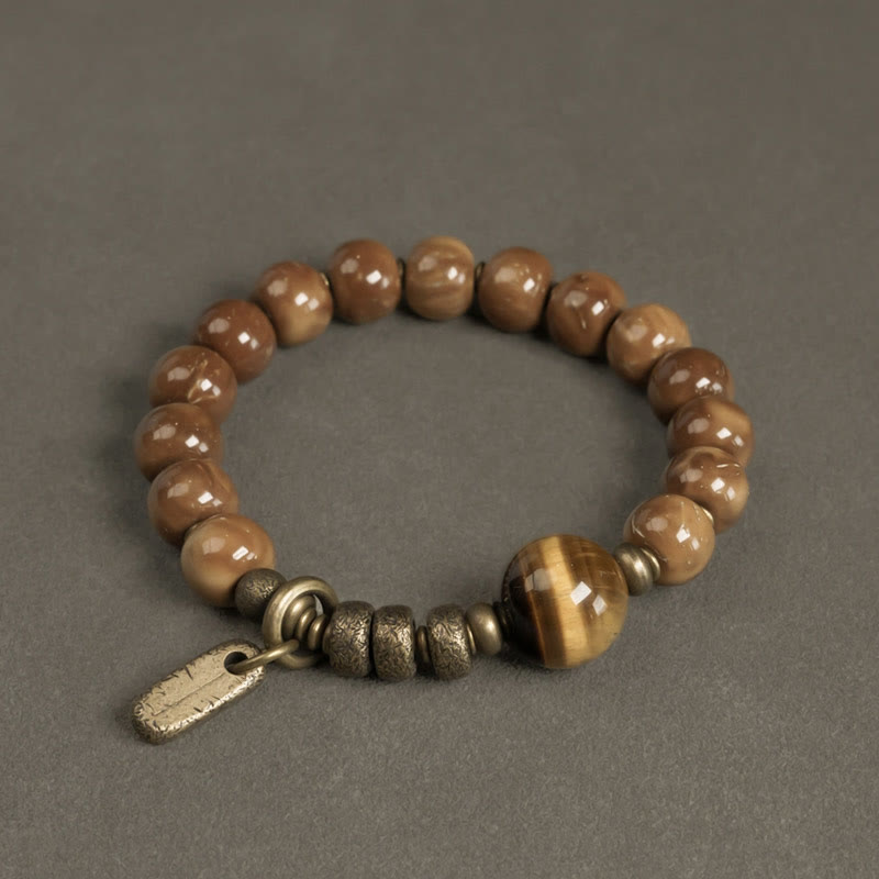 Buddha Stones Kuka Seed Tiger Eye Gold Sheen Obsidian Brass Copper Wealth Luck Bracelet