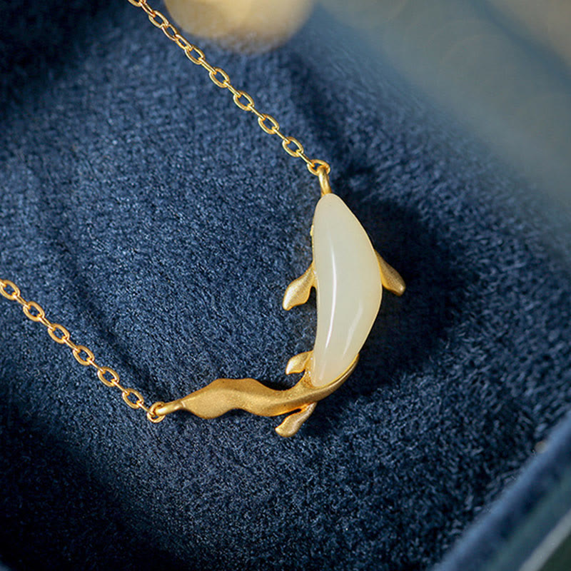 EverestArtstudios 925 Sterling Silver White Jade Dolphin Luck Necklace Pendant