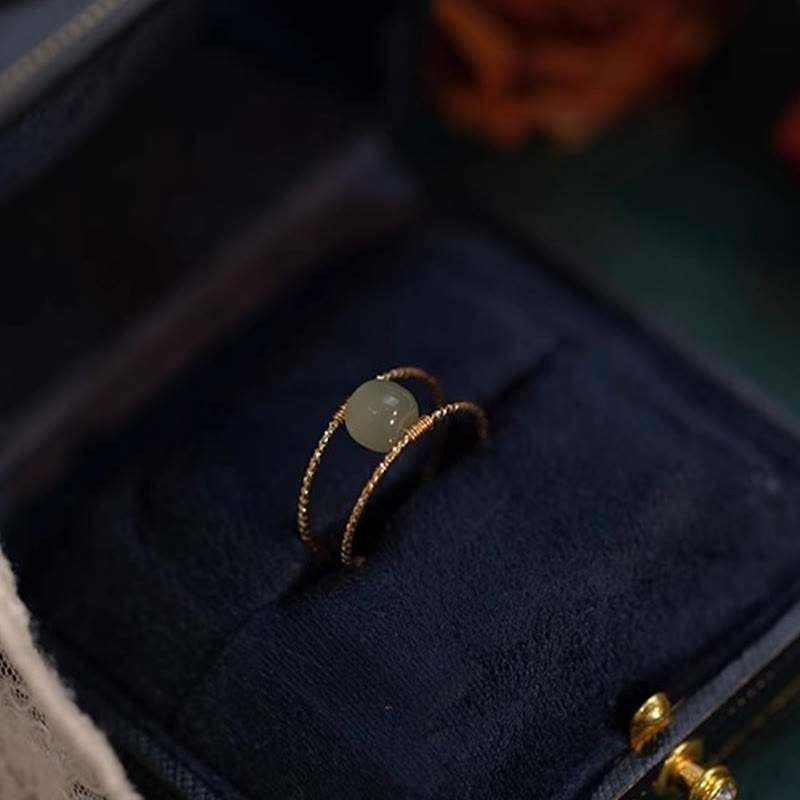 EverestArtstudios Round Jade Pearl Bead Double Layer Copper Luck Adjustable Ring