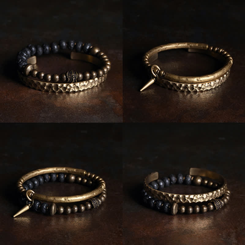 Buddha Stones Lava Rock Stone Copper Balance Cuff Bracelet Bangle